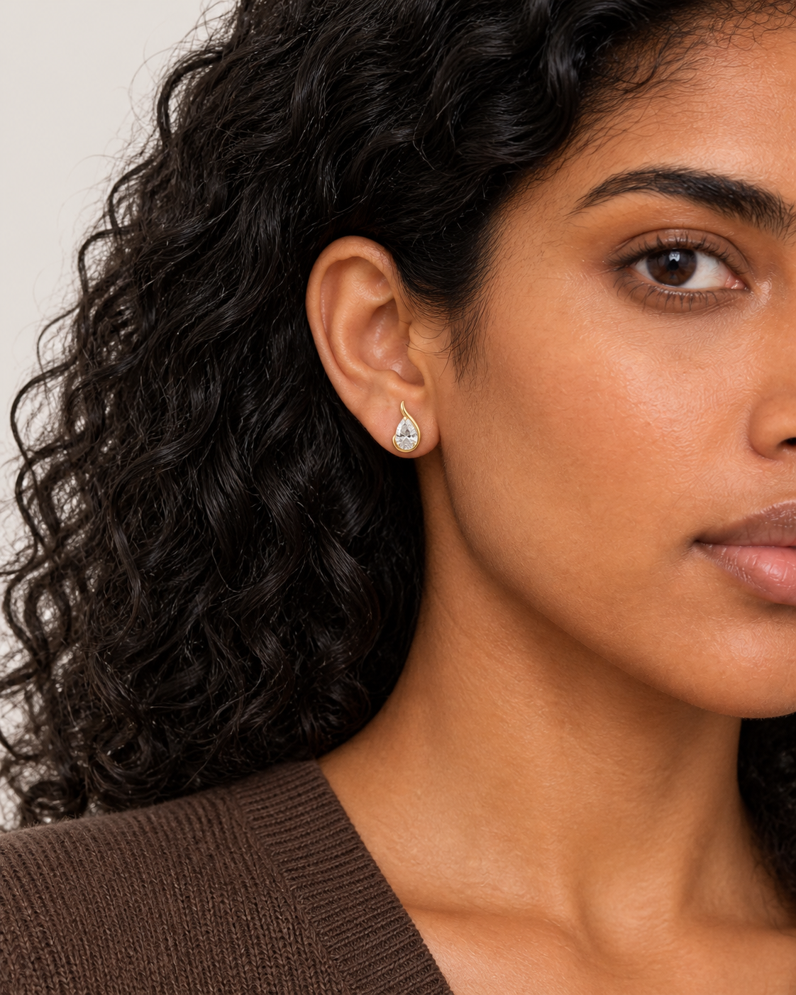 Curved Pear Studs — worn close view