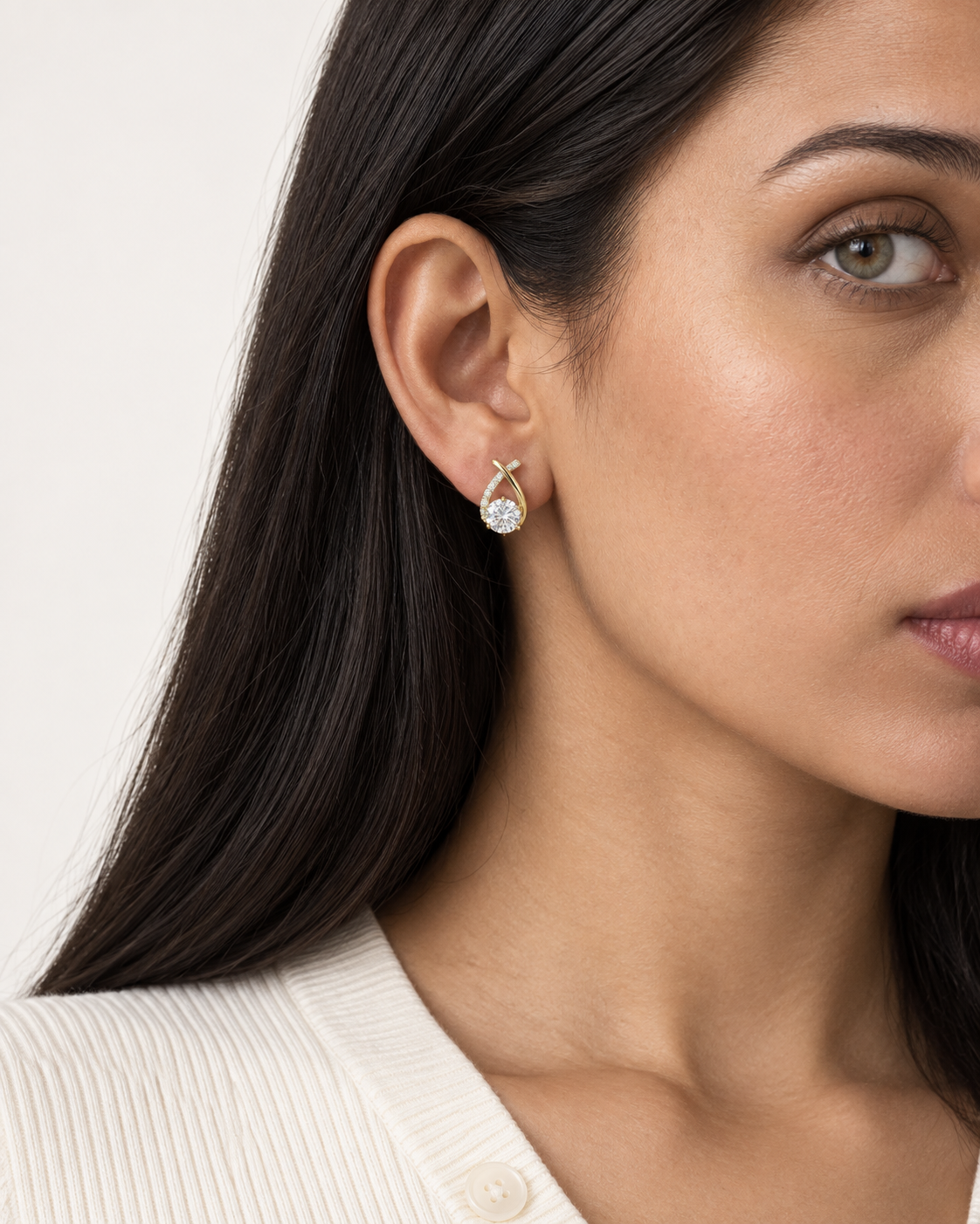 Curved Solitaire Studs — worn close view