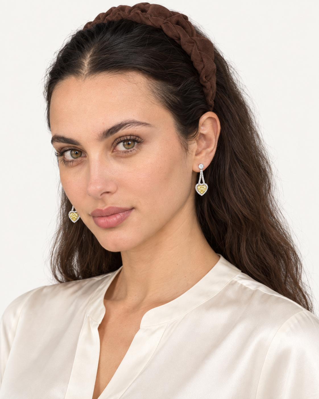 Framed Heart Drop Earrings — worn studio view