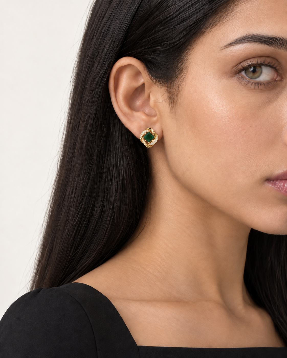 Green Spiral Studs — worn close view
