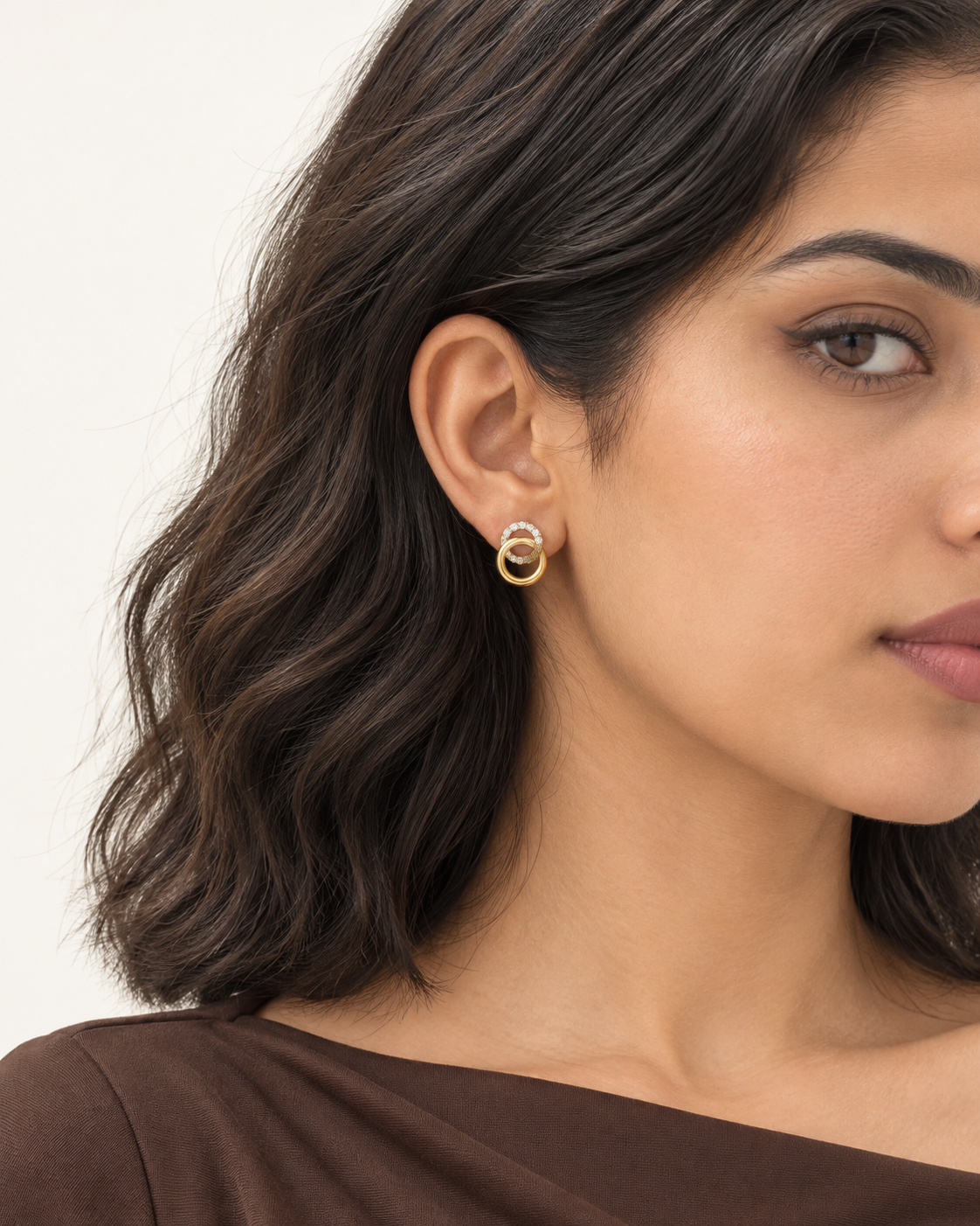 Interlocking Circle Studs — worn close view