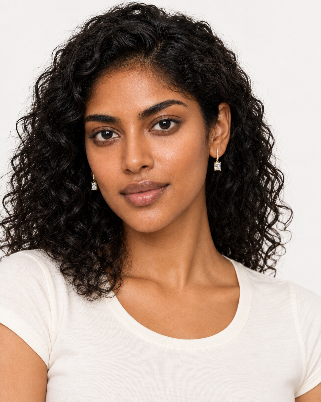 Linear Square Drop Earrings — worn studio view