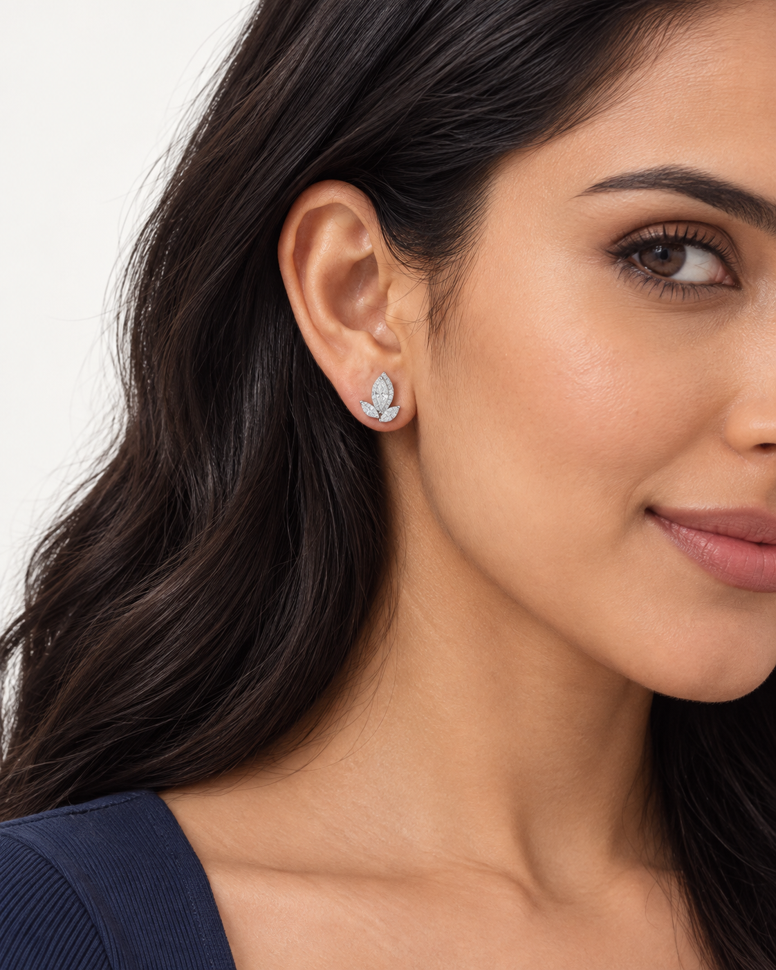 Marquise Leaf Studs — worn close view