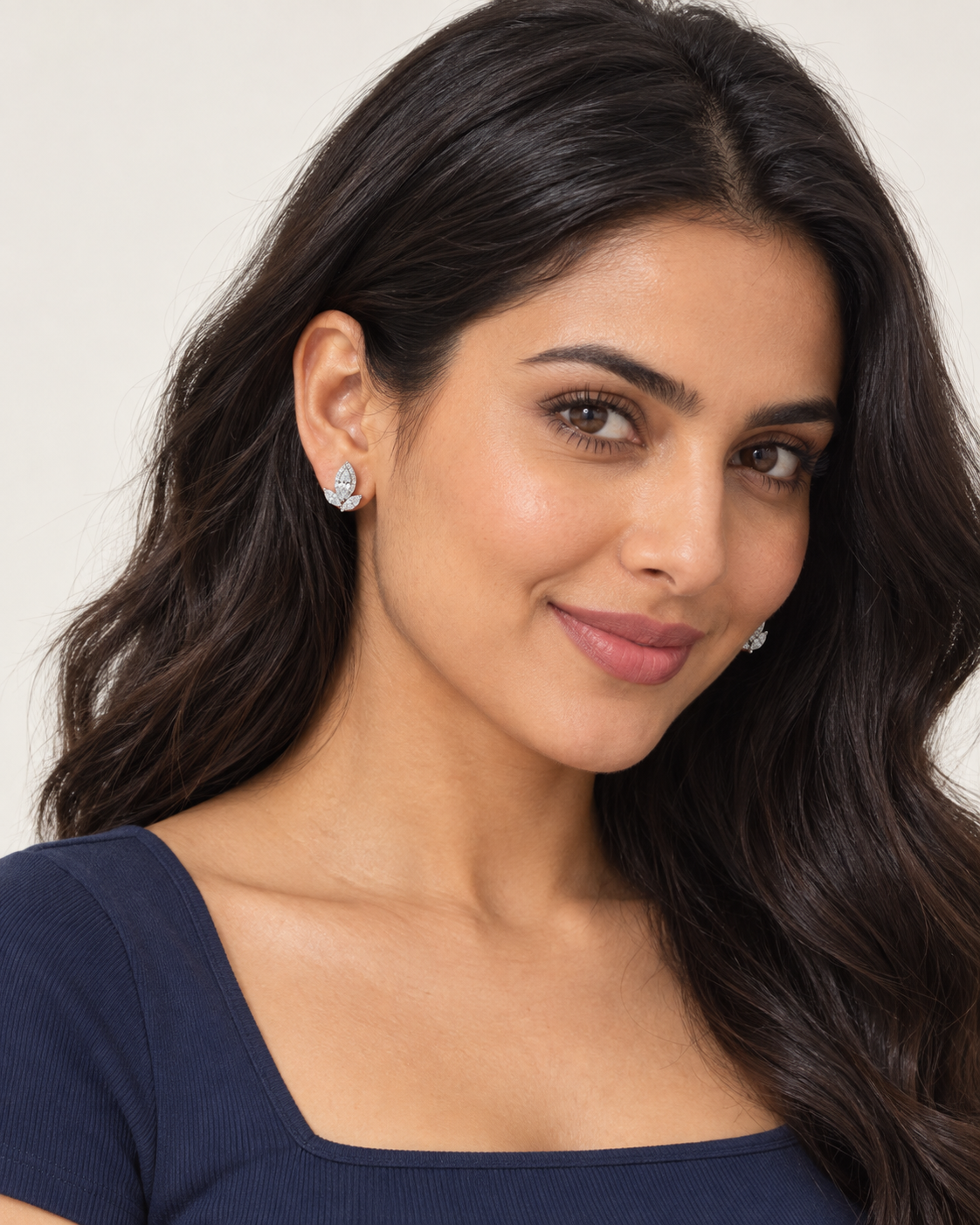 Marquise Leaf Studs — worn studio view