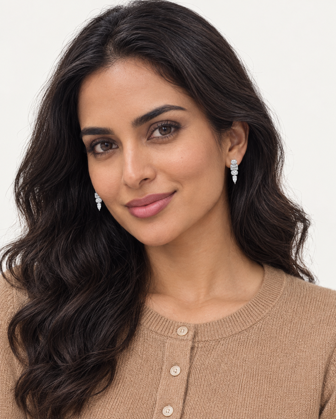 Mixed-Cut Drop Earrings — worn studio view