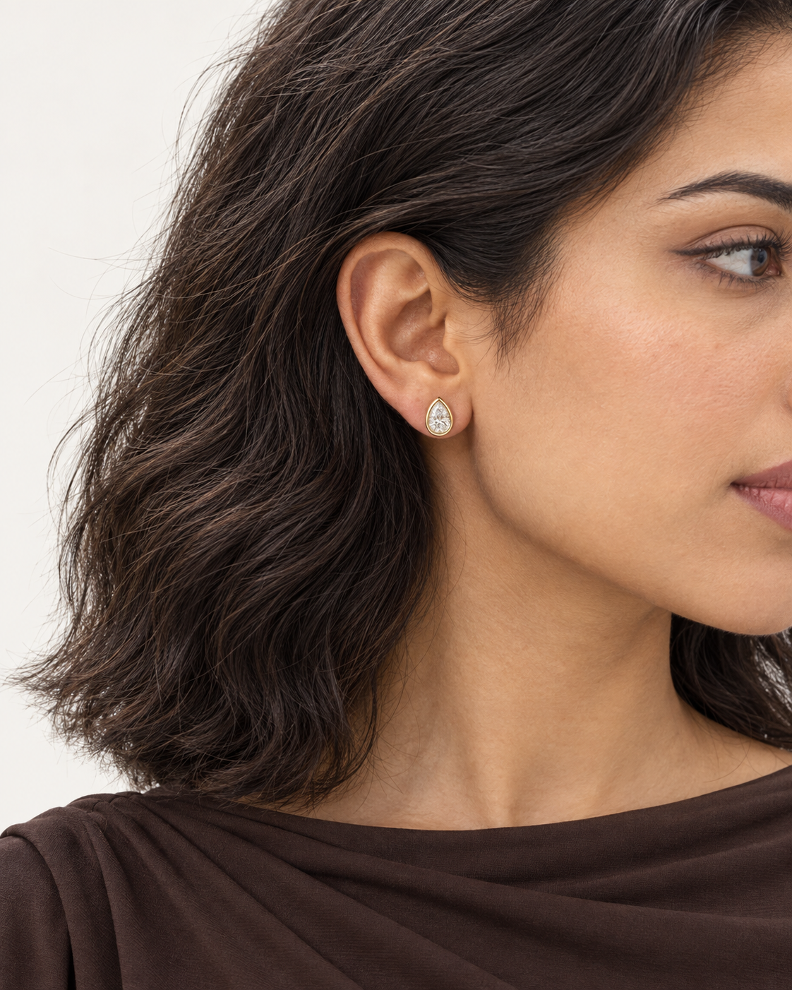 Pear Halo Studs — worn close view