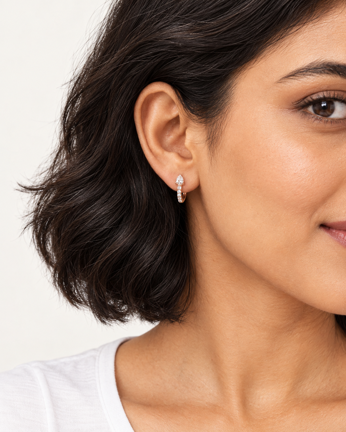 Pear-Tip Hoops — worn close view