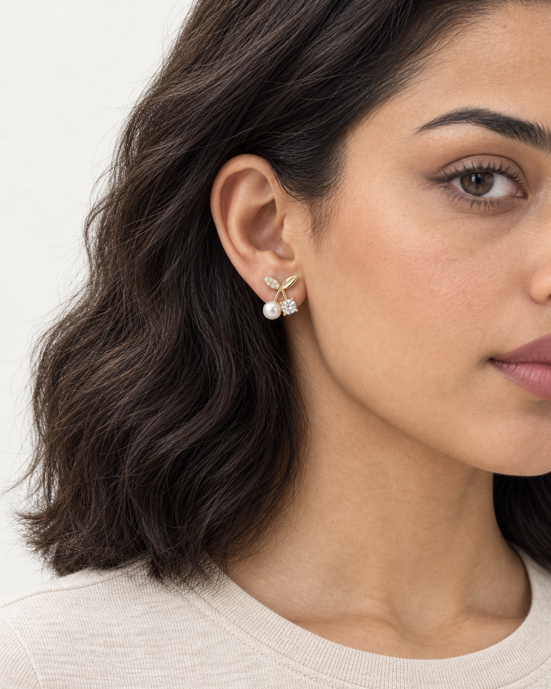 Pearl Cherry Studs — worn close view