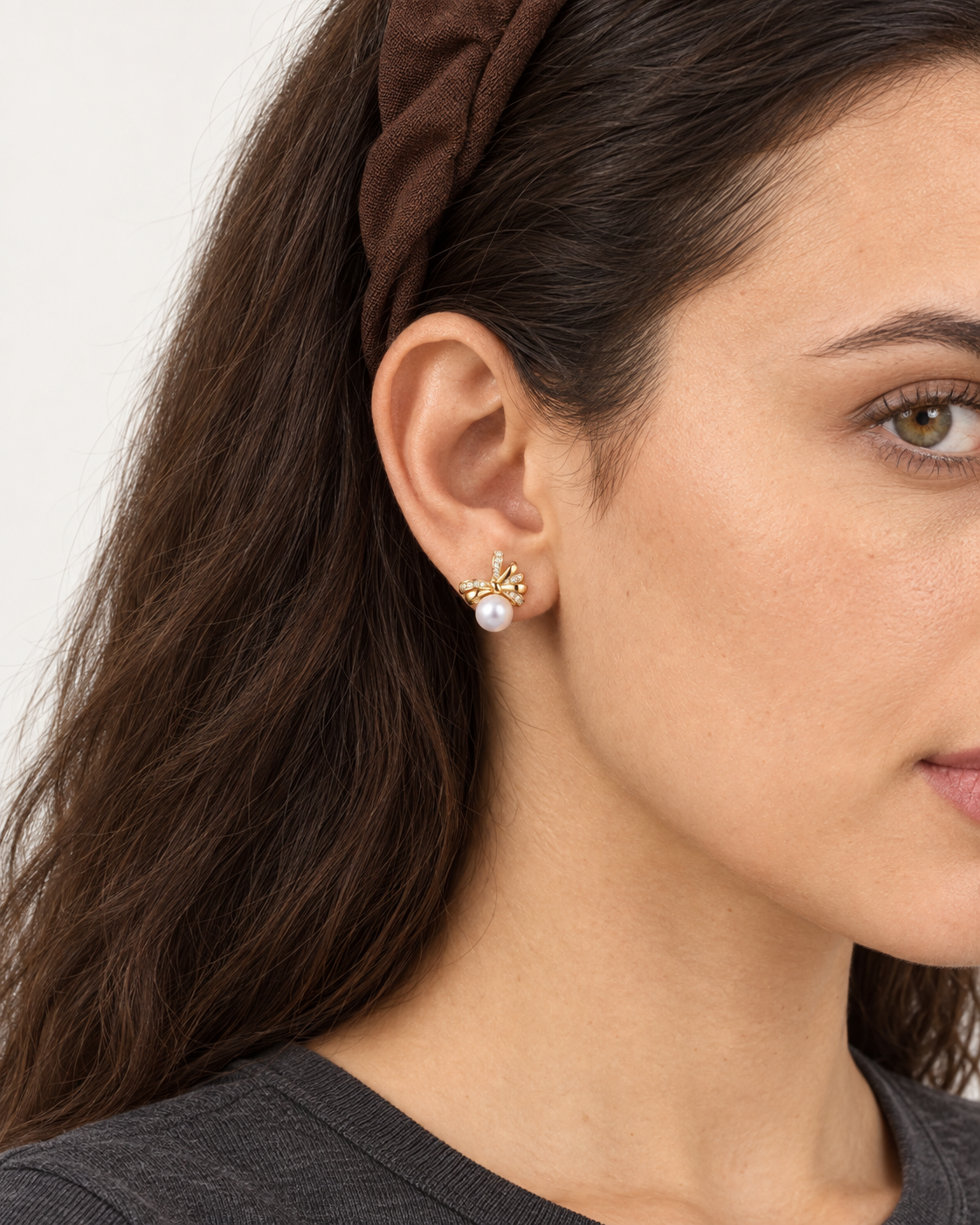 Pearl Ribbon Studs — worn close view