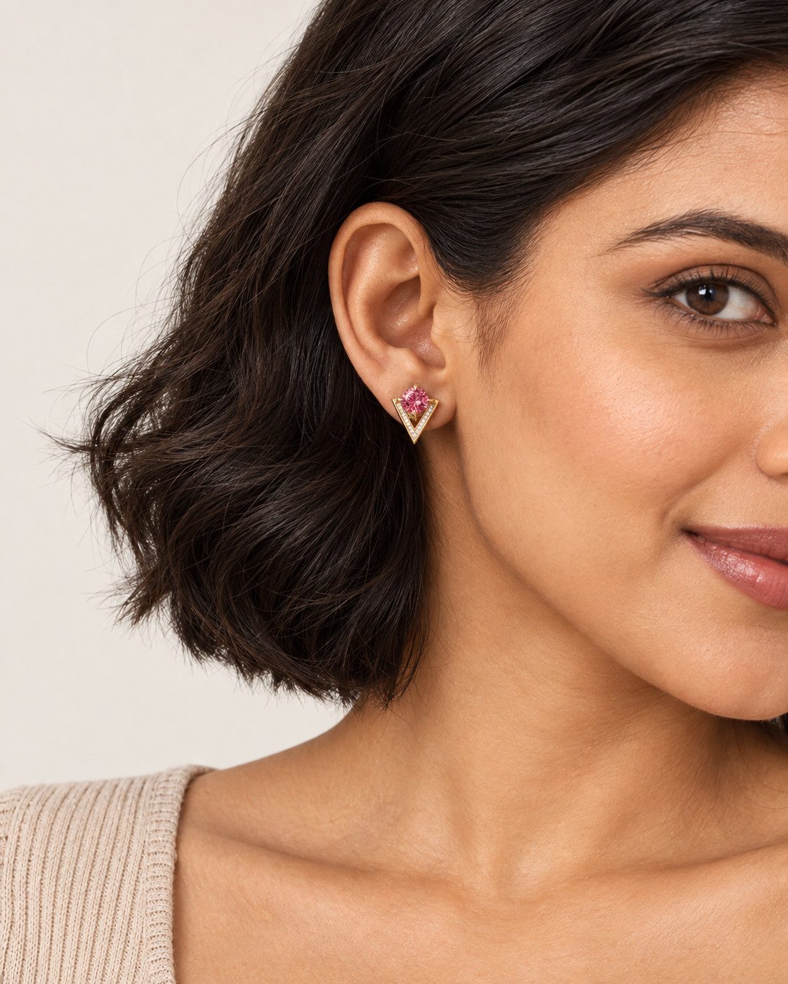 Pink Chevron Studs — worn close view