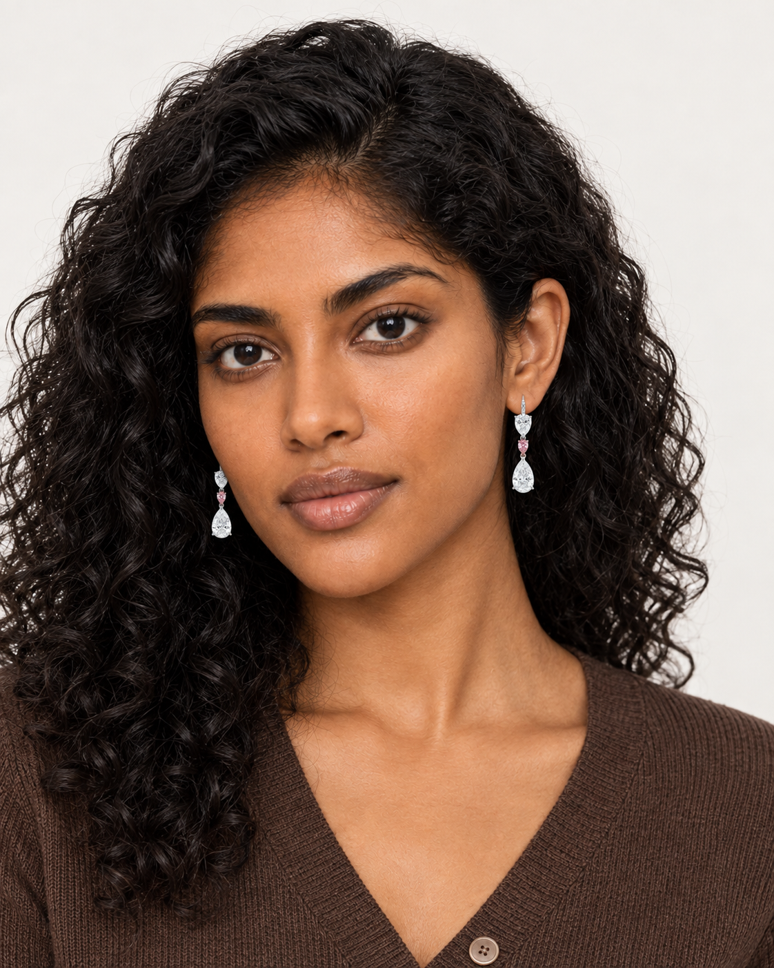 Pink Pear Drop Earrings — worn studio view