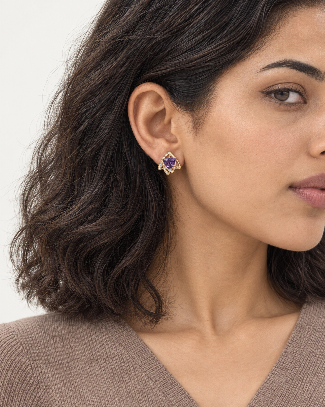Purple Pear Studs — worn close view