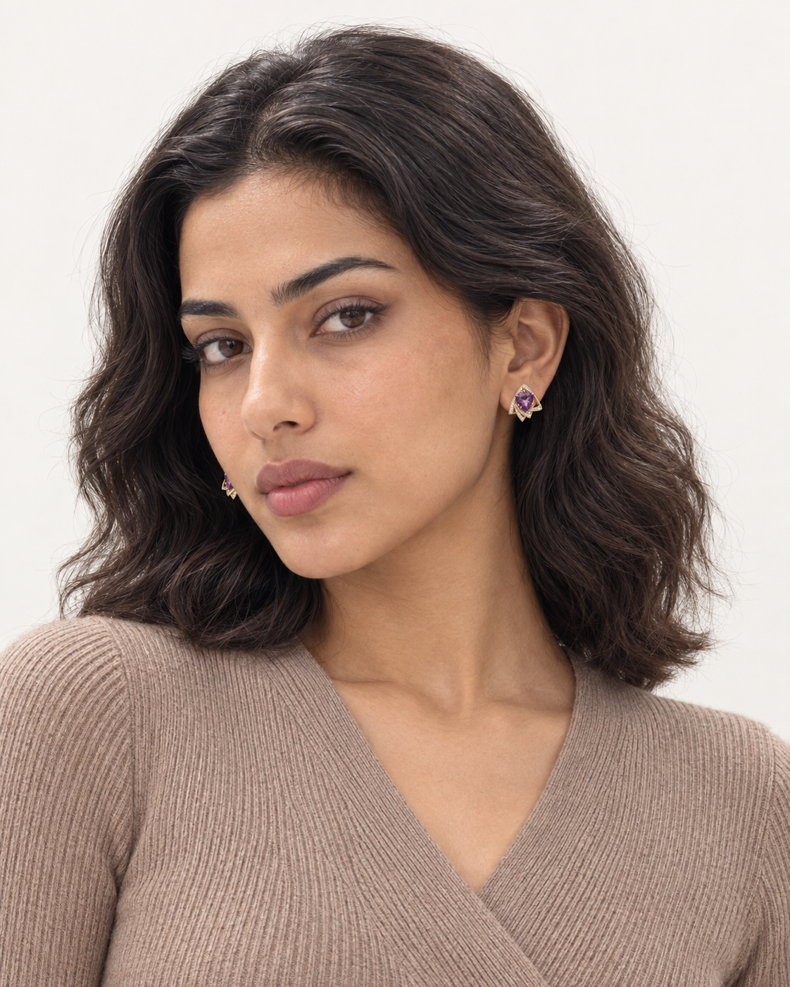 Purple Pear Studs — worn studio view