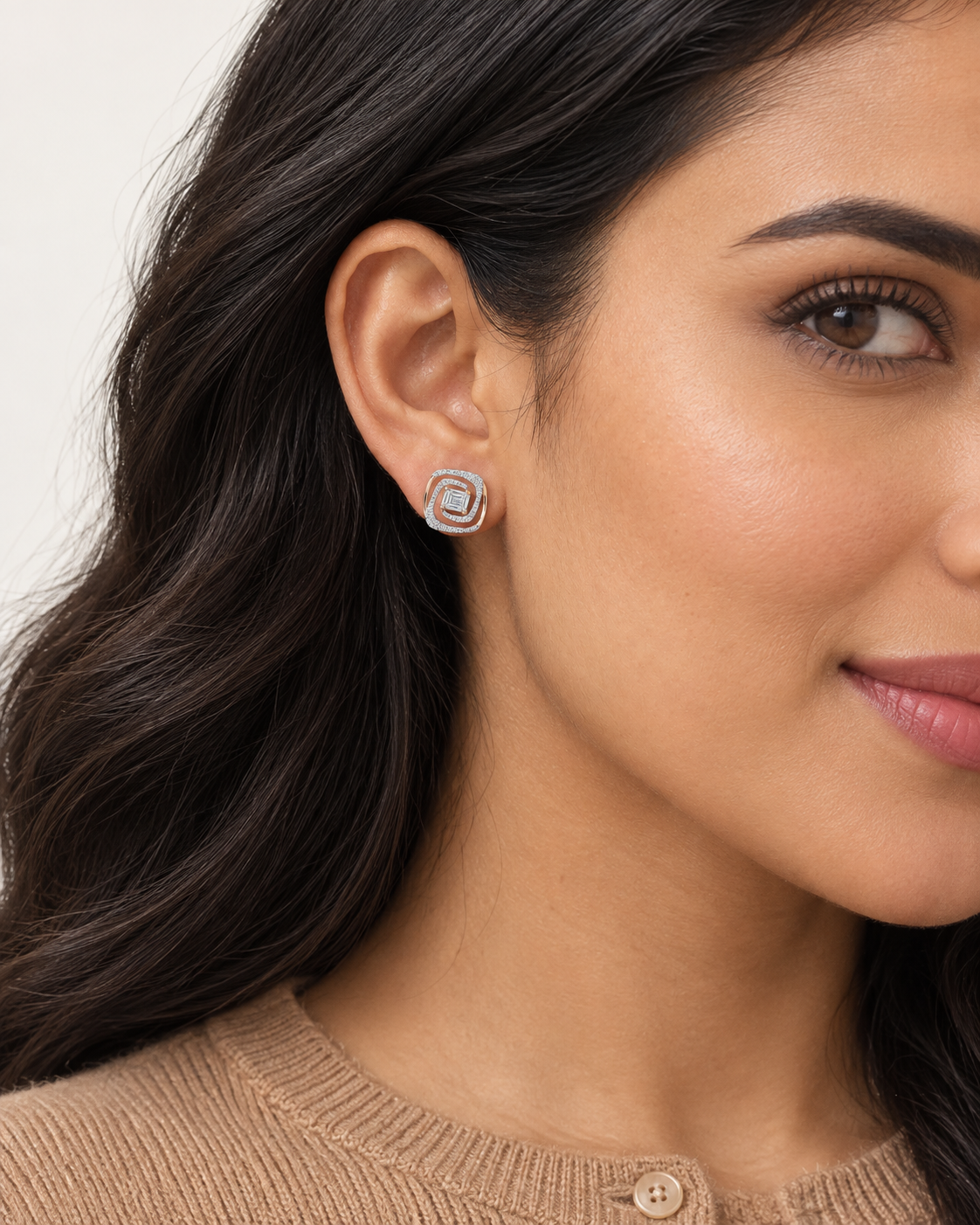 Rounded Square Studs — worn close view