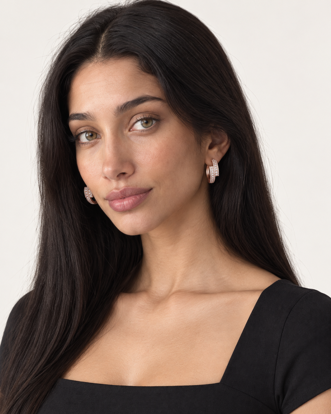 Stepped Pavé Hoops — worn studio view