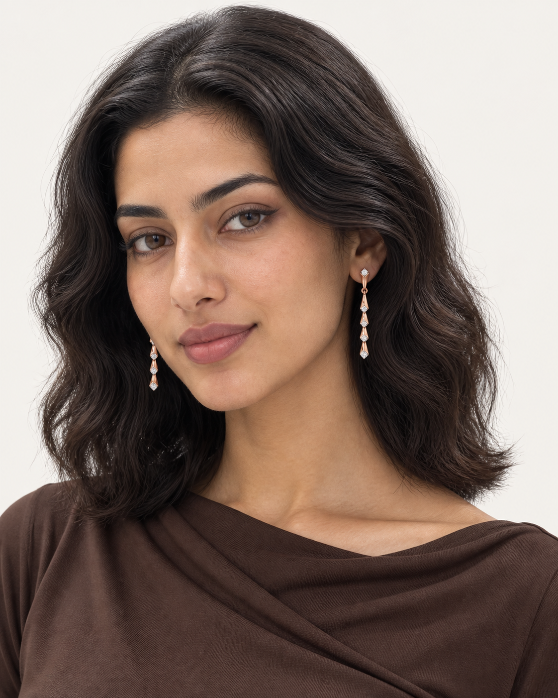 Tapered Drop Earrings — worn studio view
