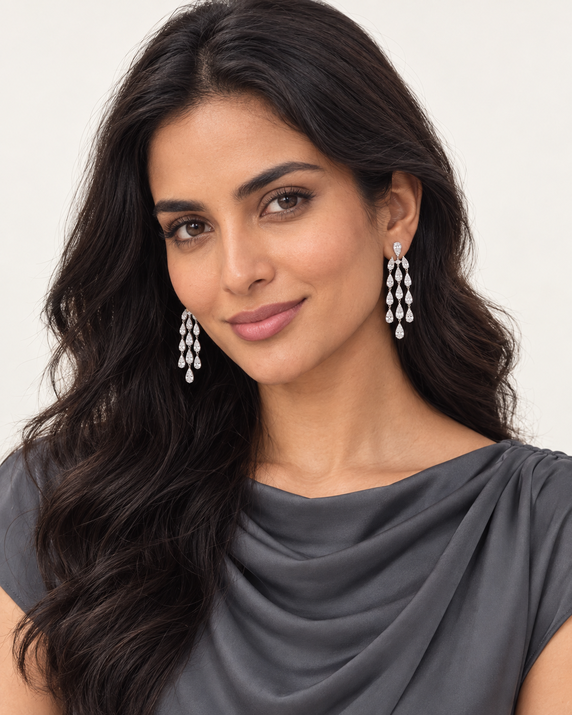 Three-Strand Drop Earrings — worn studio view