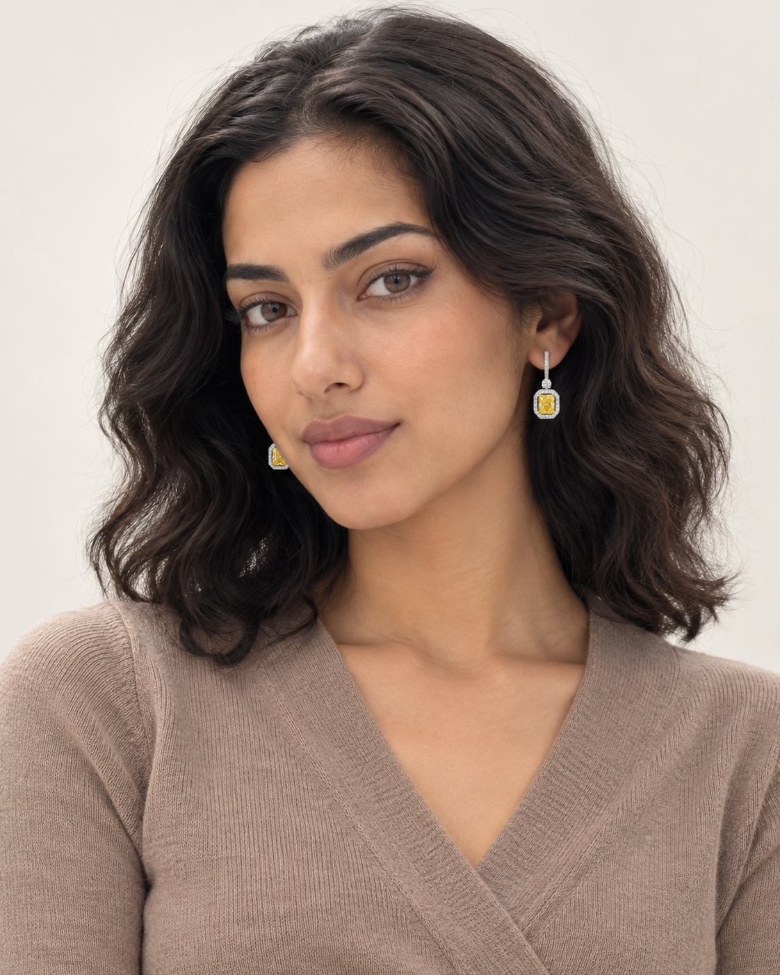 Yellow Baguette Drop Earrings — worn studio view