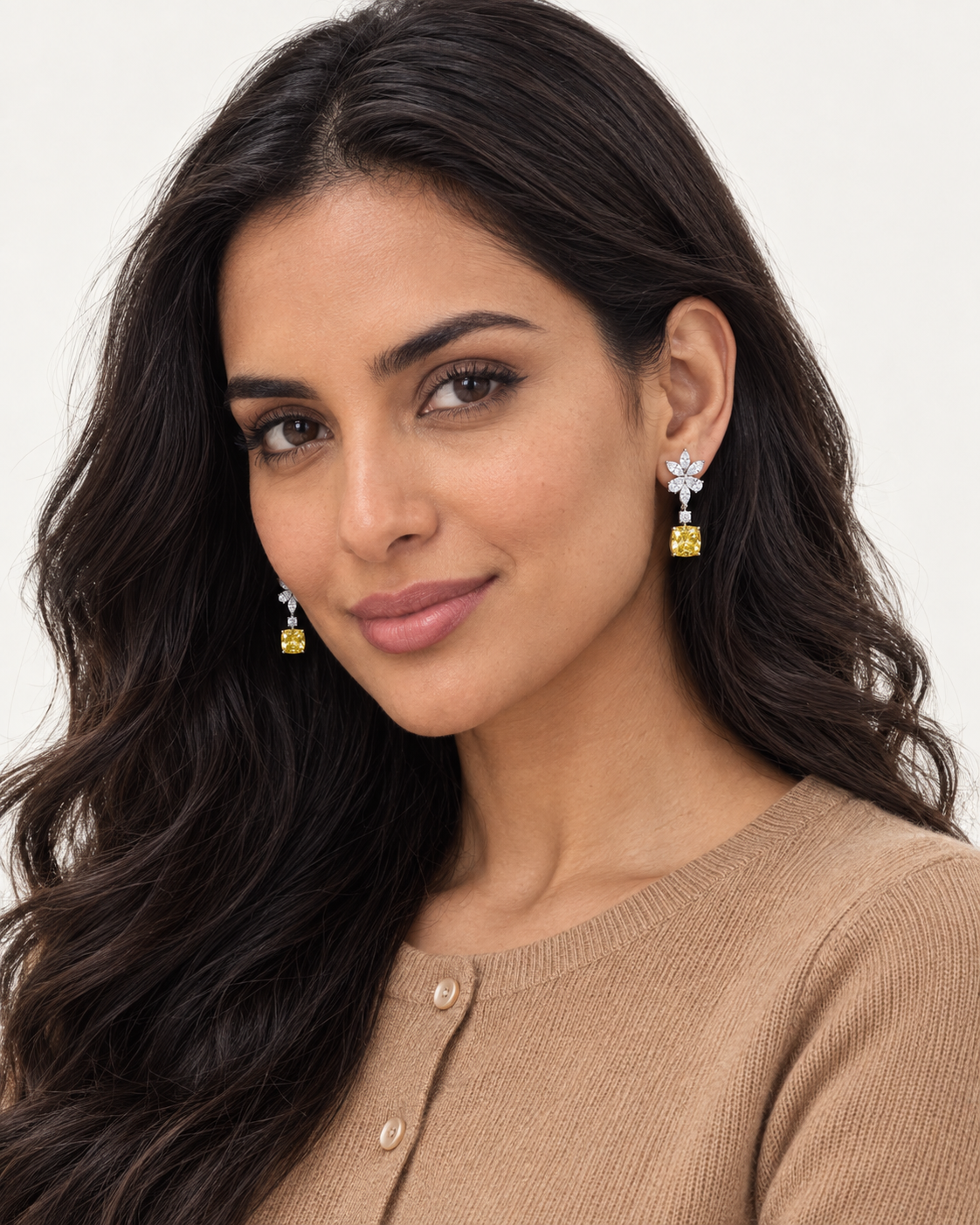 Yellow Floral Drop Earrings — worn studio view