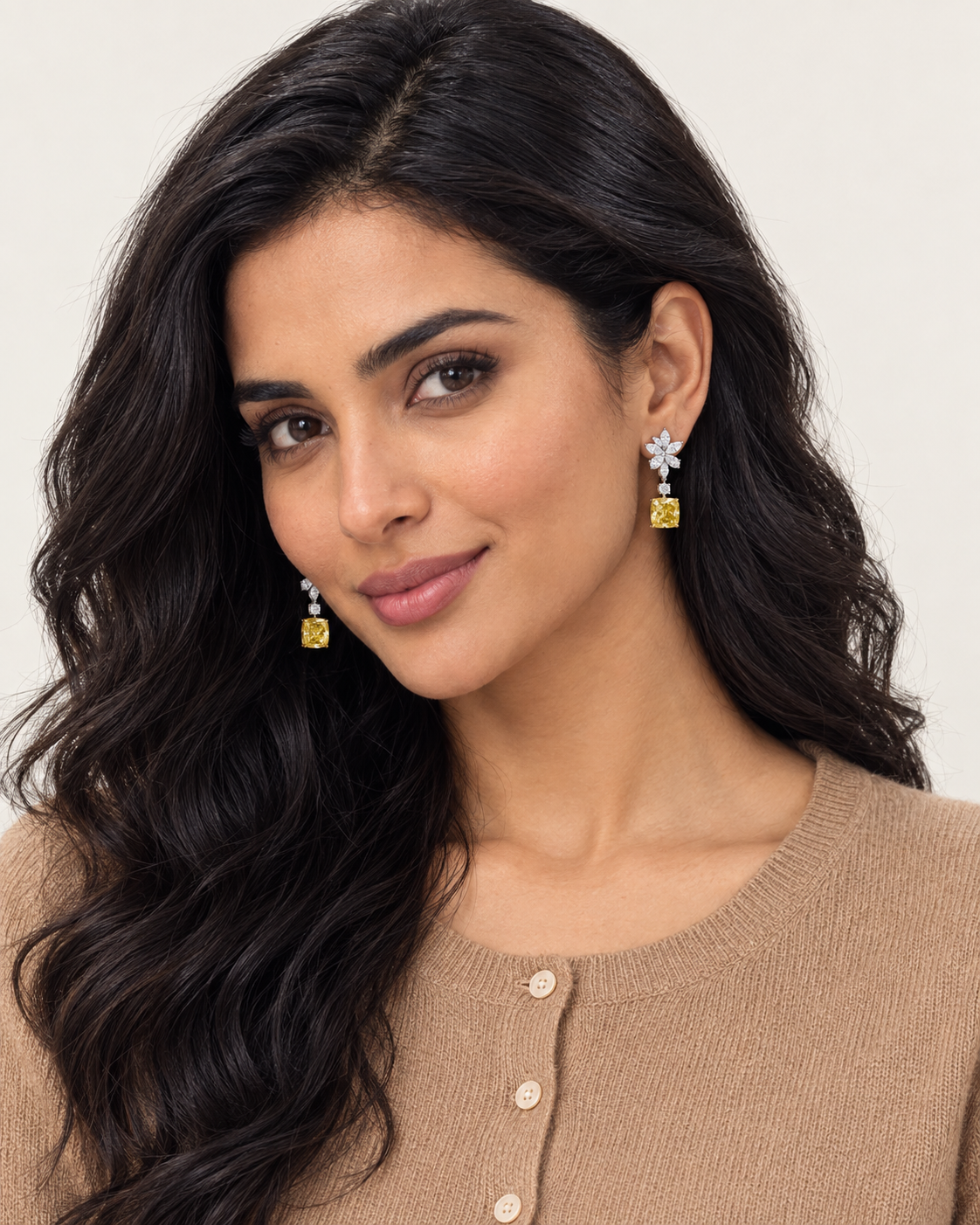 Yellow Floral Drop Earrings — worn studio view
