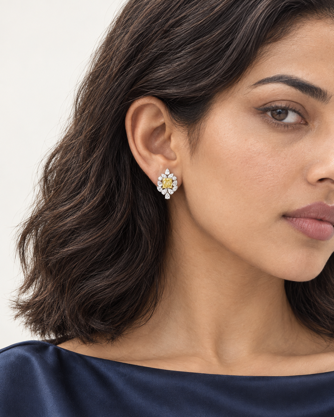 Yellow Square Cluster Studs — worn close view