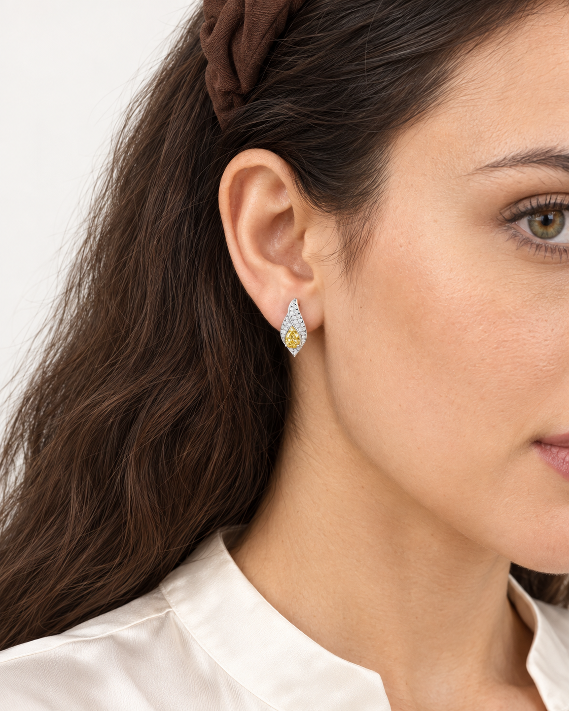 Yellow Teardrop Studs — worn close view