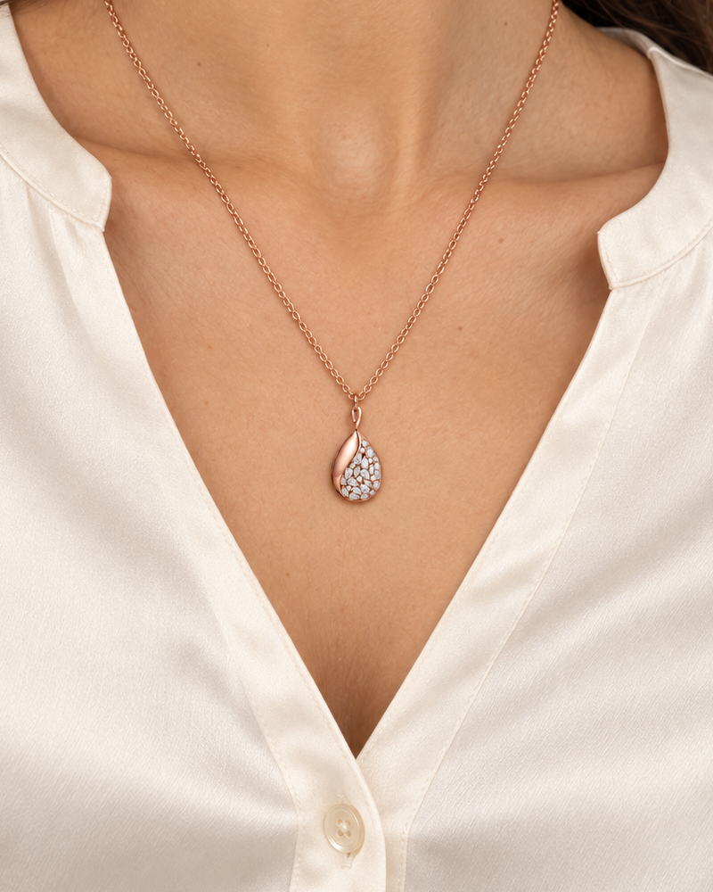 Split Teardrop Necklace, farther worn view