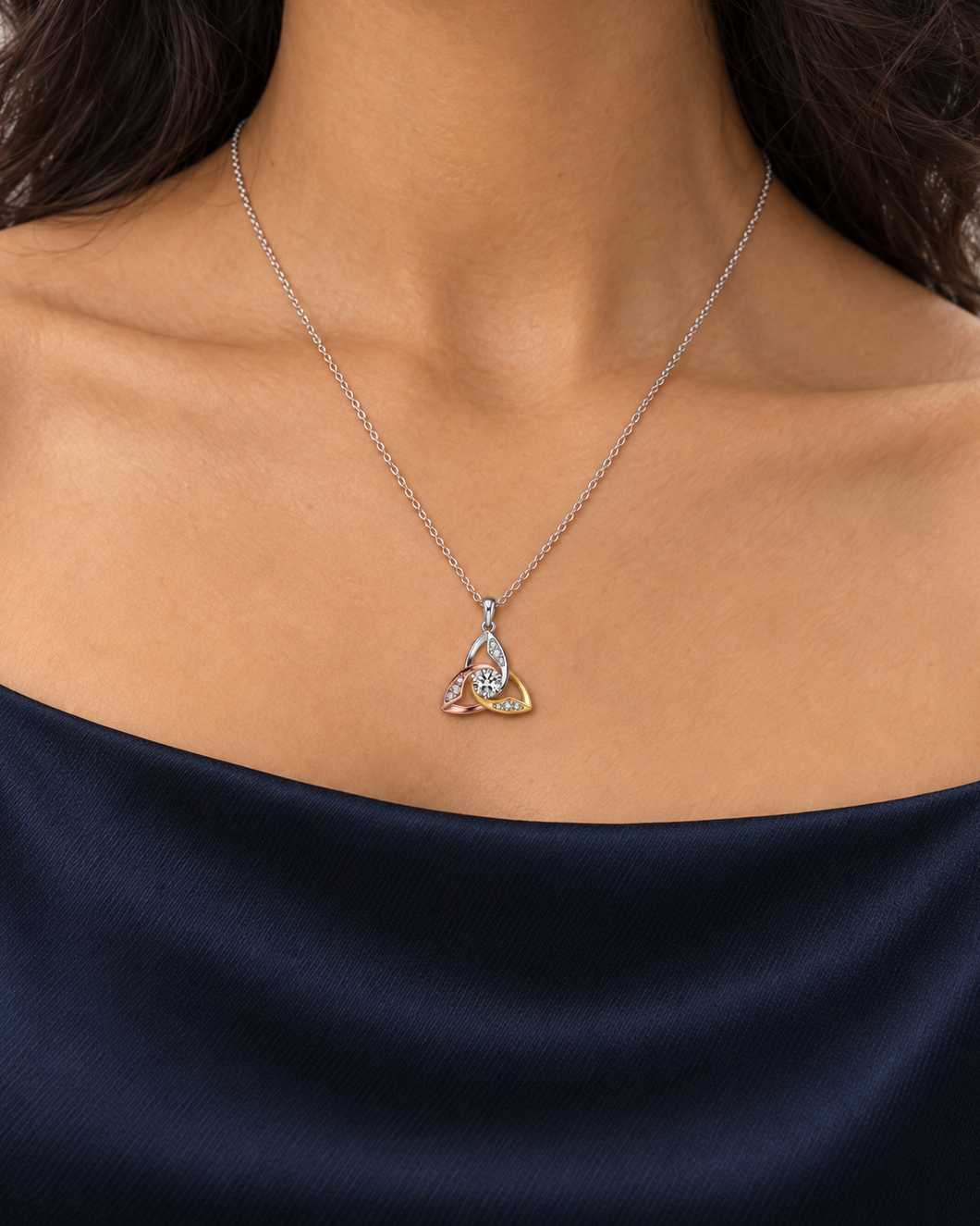 Three-Tone Orbit Necklace, farther worn view