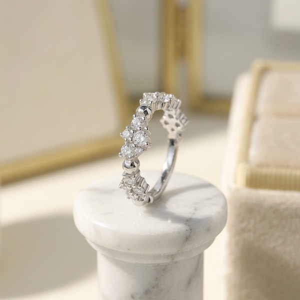 Silver constellation cluster diamond ring with many small lab-grown diamonds spread across the band