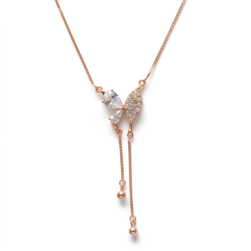 A Raayaa rose-gold-plated butterfly lariat necklace with lab-grown diamonds, a light wedding guest design that travels between day and evening functions