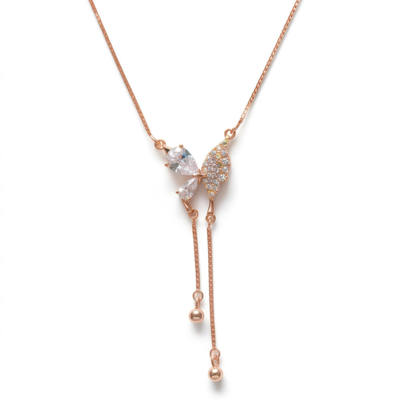 A Raayaa rose-gold-plated butterfly lariat necklace with lab-grown diamonds, a light wedding guest design that travels between day and evening functions