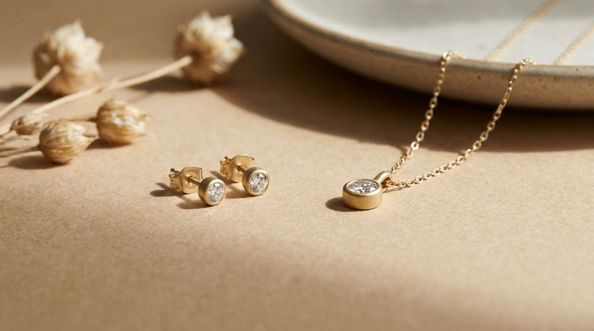 Small lab-grown diamond stud earrings and a fine diamond pendant on a warm paper-toned surface