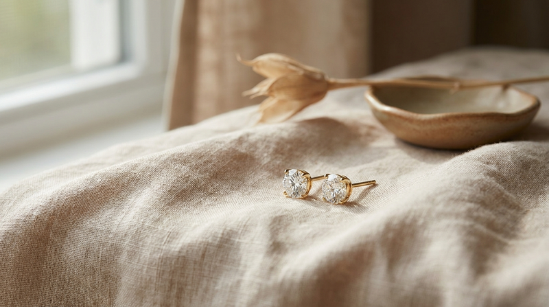 A pair of small lab-grown diamond stud earrings on a warm paper-toned surface