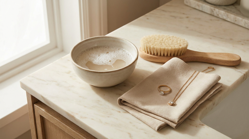 A bowl of warm soapy water, a soft brush and a diamond ring and pendant on a cloth for cleaning at home
