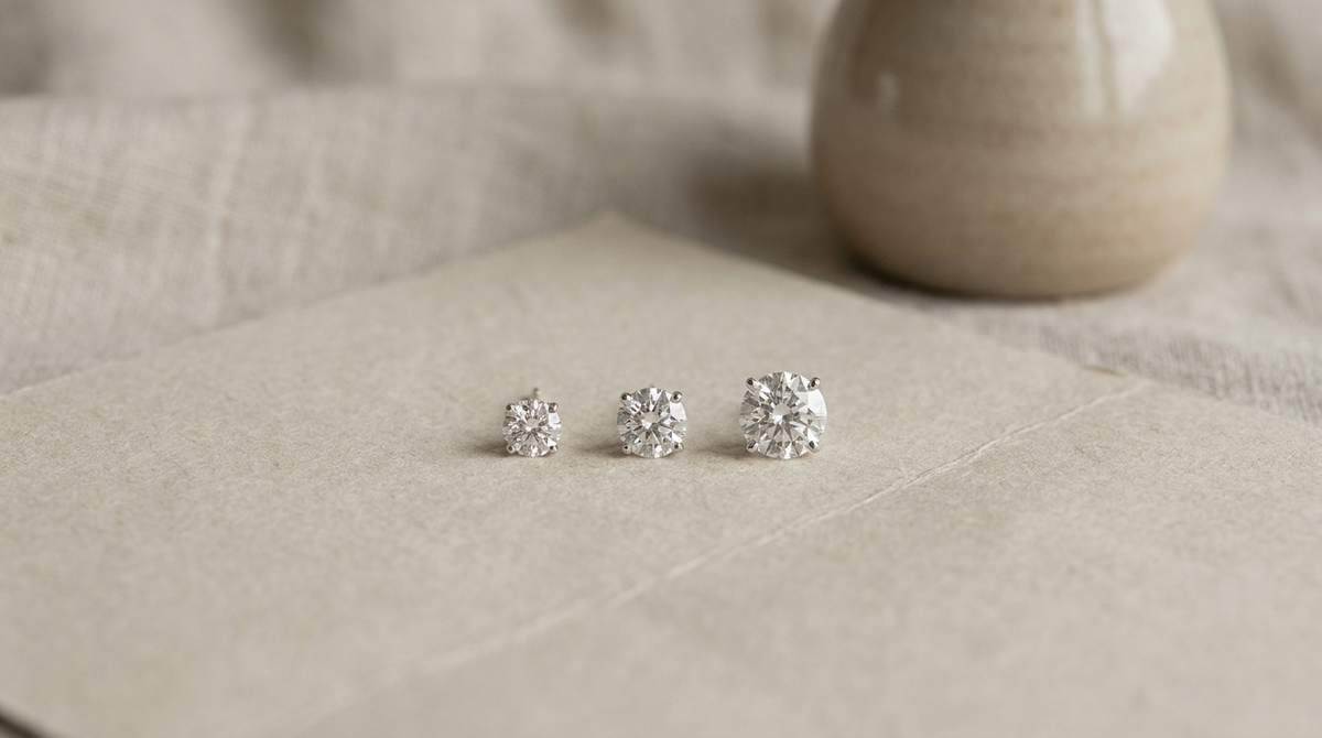 Diamond stud earrings of three increasing carat sizes lined up for scale comparison