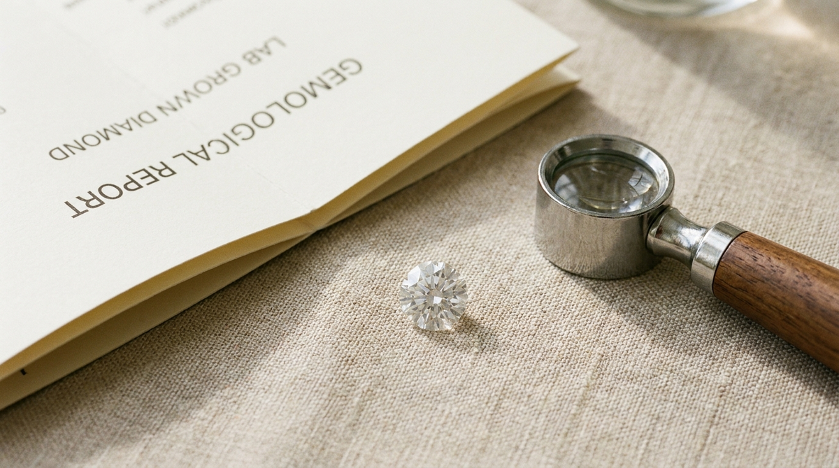 A loose round lab-grown diamond beside an IGI grading report and a jeweller's loupe