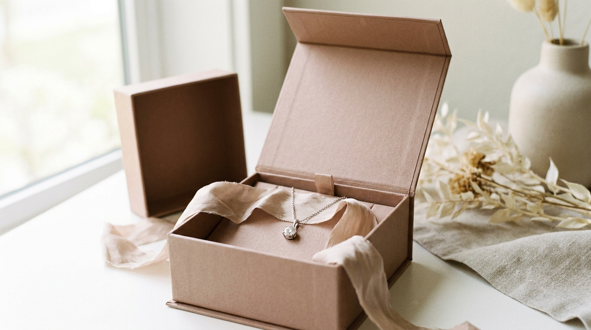 A delicate lab-grown diamond pendant necklace in an open gift box with soft ribbon