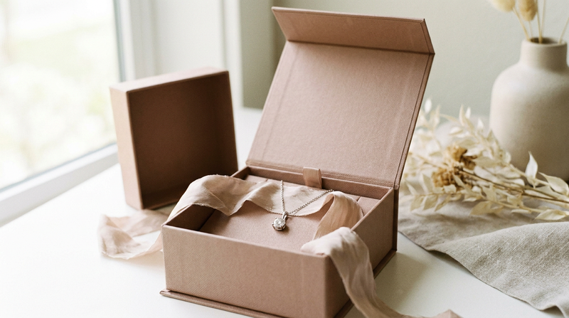 A delicate lab-grown diamond pendant necklace in an open gift box with soft ribbon