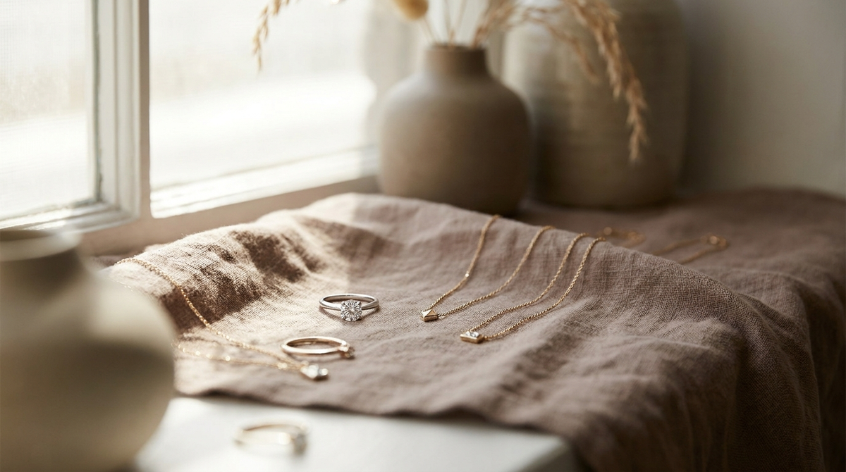 Several delicate diamond solitaire and minimalist pendant designs on a warm linen surface