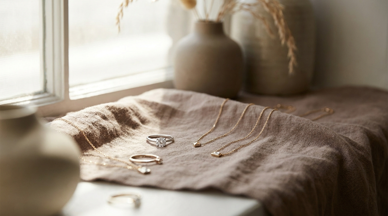 Several delicate diamond solitaire and minimalist pendant designs on a warm linen surface