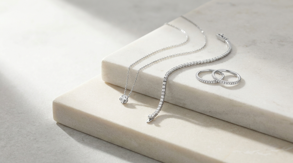 Sterling silver lab-grown diamond necklace, bracelet and rings, a lightweight jewellery choice as gold prices stay high in India 2026