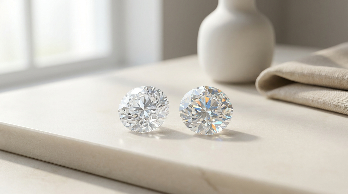 Two loose colourless round-brilliant stones side by side, one showing white diamond brilliance and one showing moissanite rainbow fire