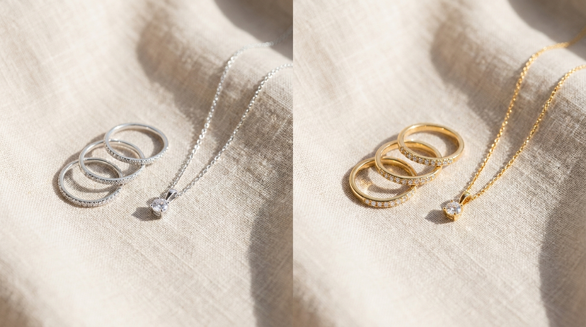 Sterling silver and solid gold lab-grown diamond rings and pendants arranged side by side for a daily-wear metal comparison