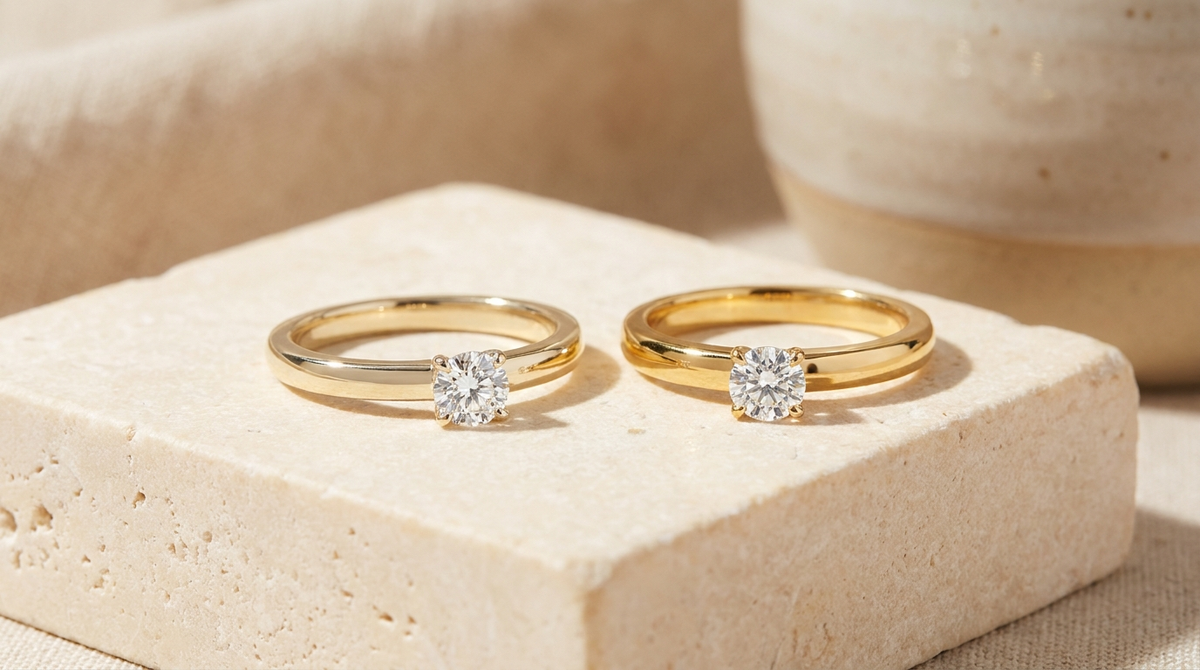 14k and 18k solid gold lab-grown diamond rings side by side showing the colour and purity difference for daily wear