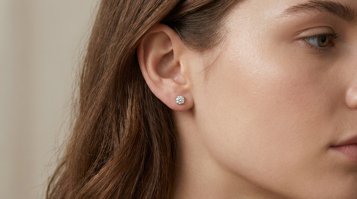 Close-up of a single lab-grown diamond stud earring in sterling silver on clear skin, hypoallergenic jewellery for sensitive ears