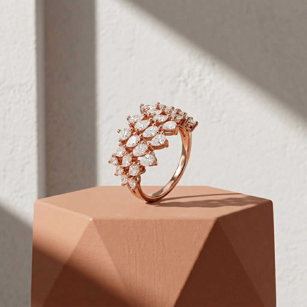 Side view of a rose gold architectural band ring showcasing an organic, layered ring look with raised crystal petals.