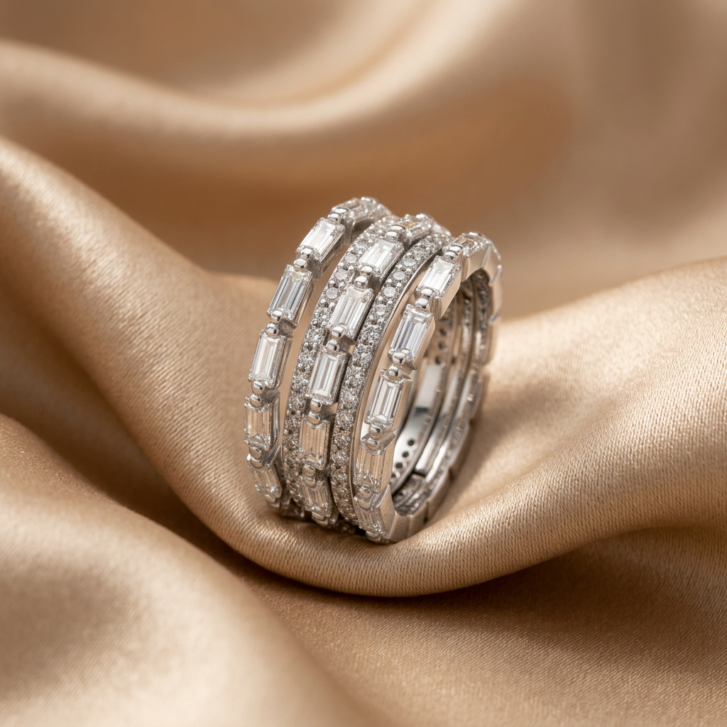 Front studio view of a white gold tiered ring set with structured baguette cut and luminous round diamonds.