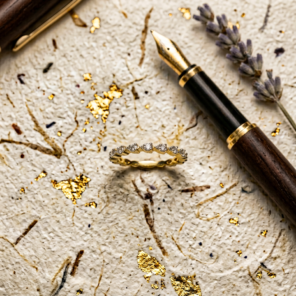 Serrated fine gold ring featuring sharp angular contours punctuated with brilliant round diamonds.