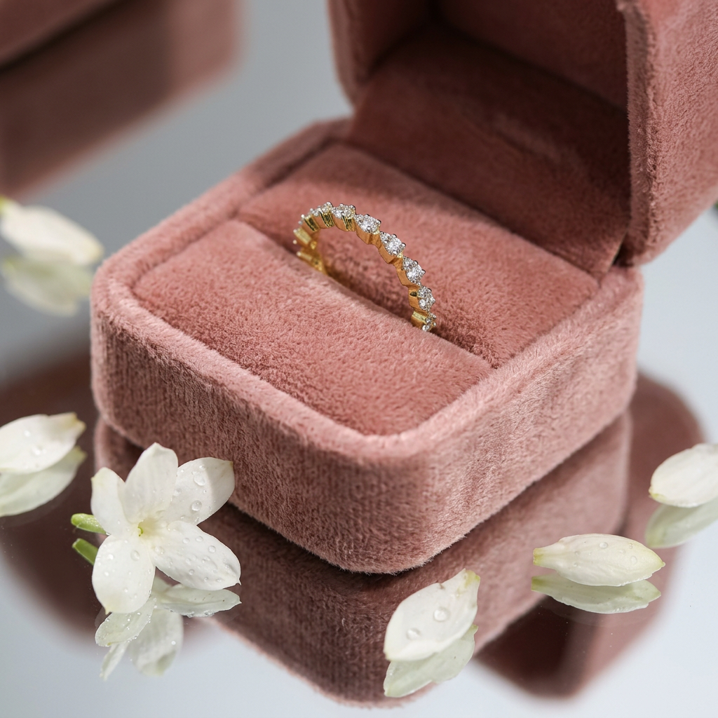 A sleek, everyday luxury yellow gold band with a sharp serrated design inlaid with shimmering round diamonds.