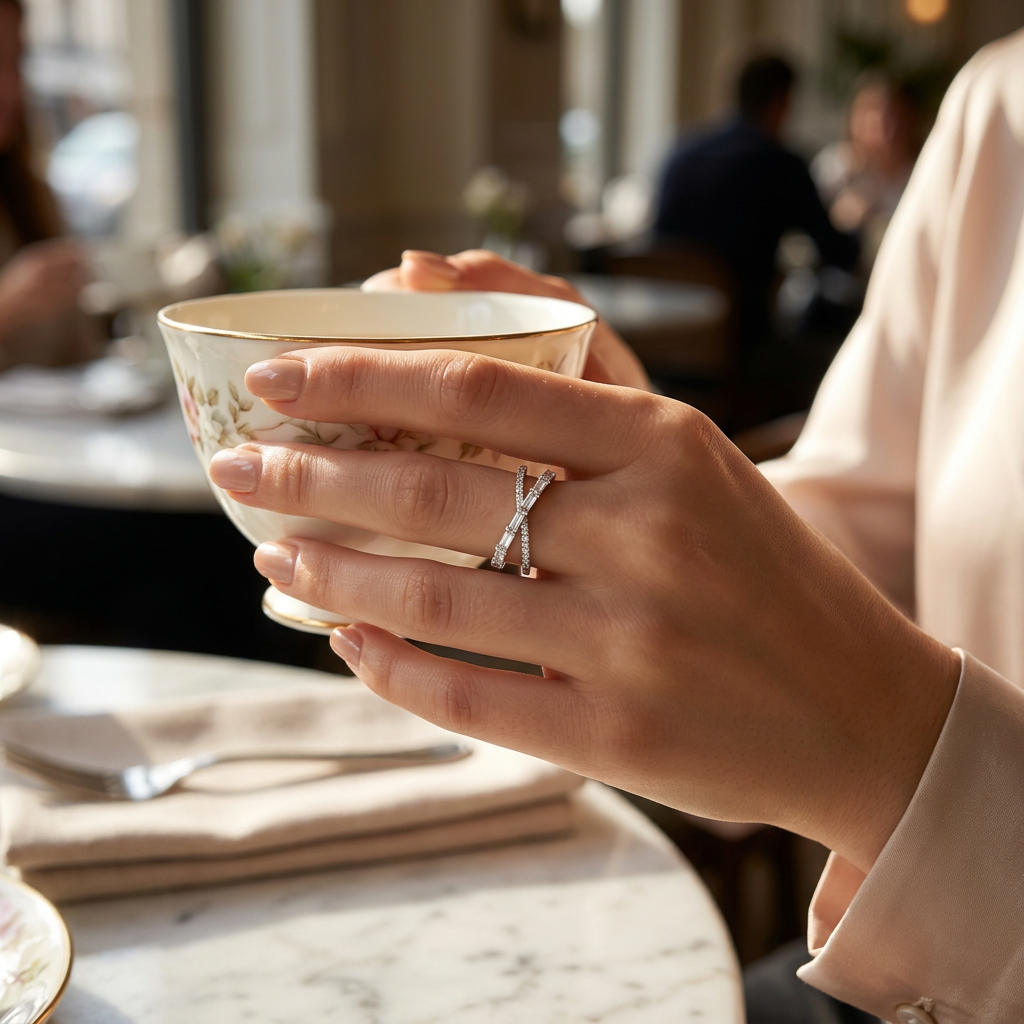 Close-up of a model wearing an architectural silver crossover ring on her hand for a modern layered look.